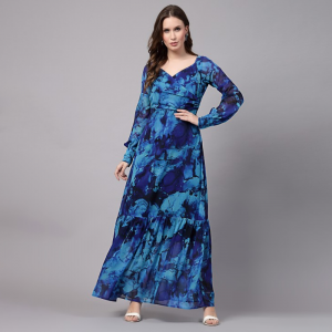 Abstract Printed Sweetheart Neck Cuffed Sleeves Gathered Tiered Georgette Maxi Dress