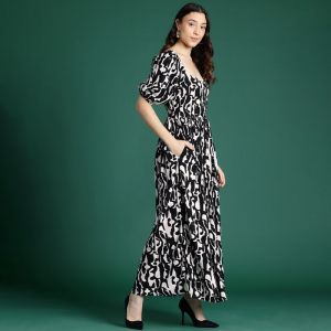 Printed Fit & Flare Monochrome Maxi Dress
