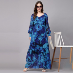 Abstract Printed Sweetheart Neck Cuffed Sleeves Gathered Tiered Georgette Maxi Dress